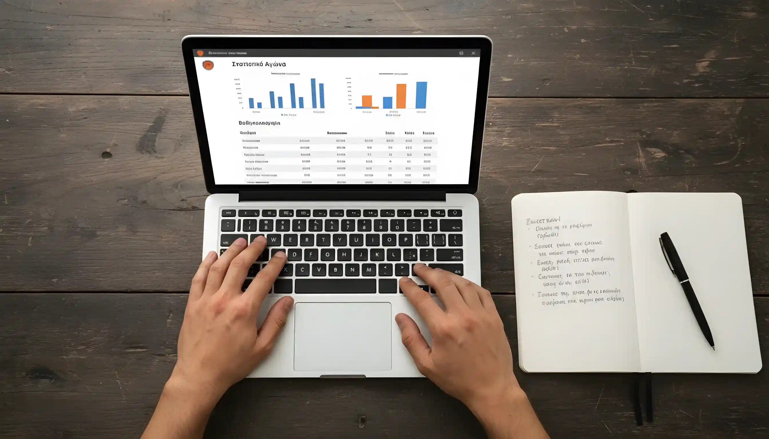 Άνθρωπος αναλύει στατιστικά μπάσκετ σε φορητό υπολογιστή με σημειώσεις