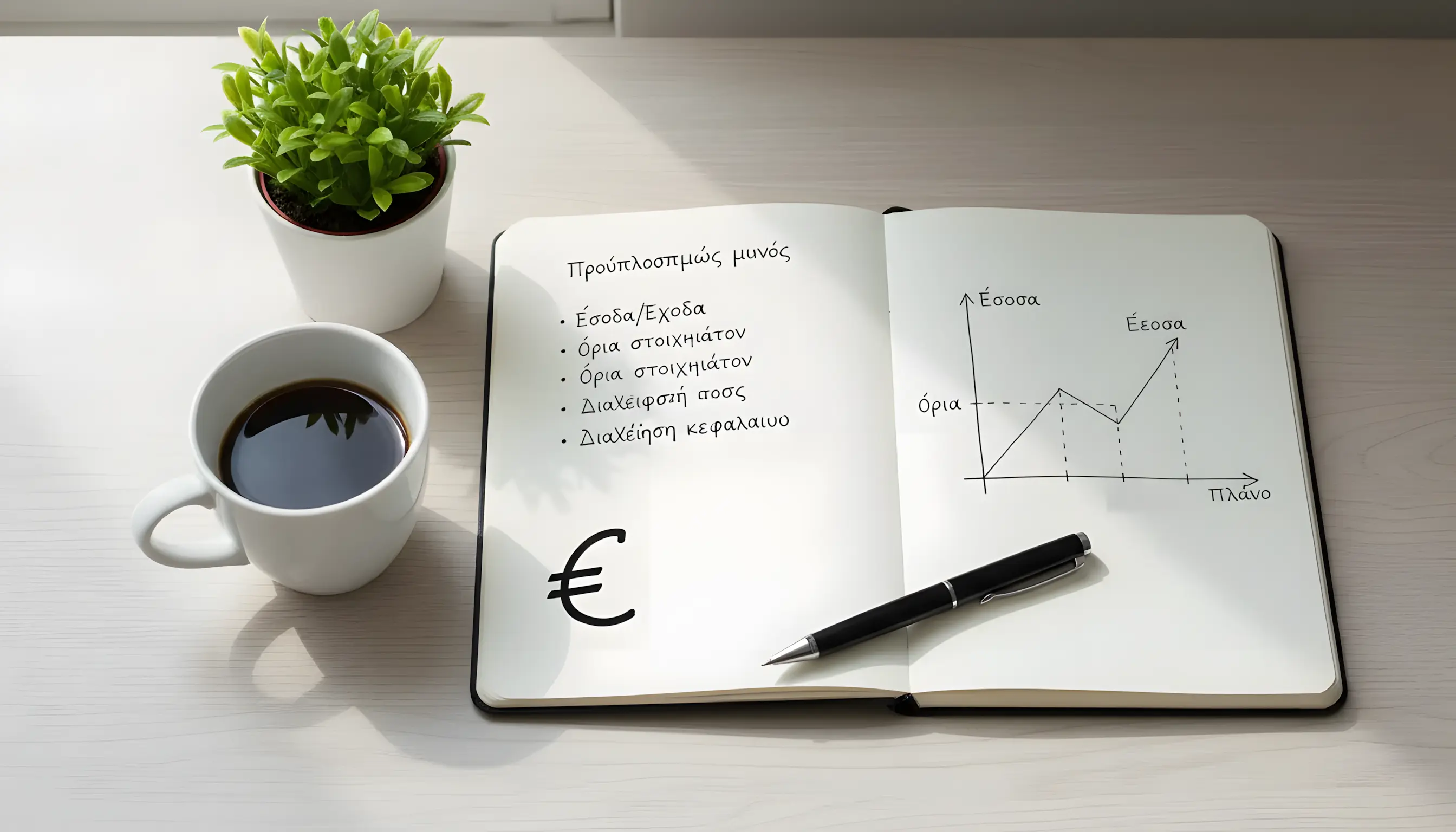 Σημειωματάριο με σχέδιο διαχείρισης κεφαλαίου και σύμβολα € δίπλα σε στυλό