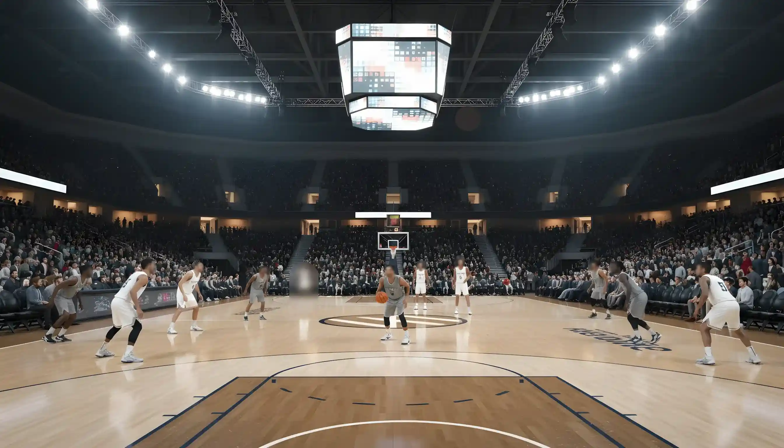 Αγώνας NBA σε αρένα με παίκτες στο παρκέ και κόσμο στις κερκίδες