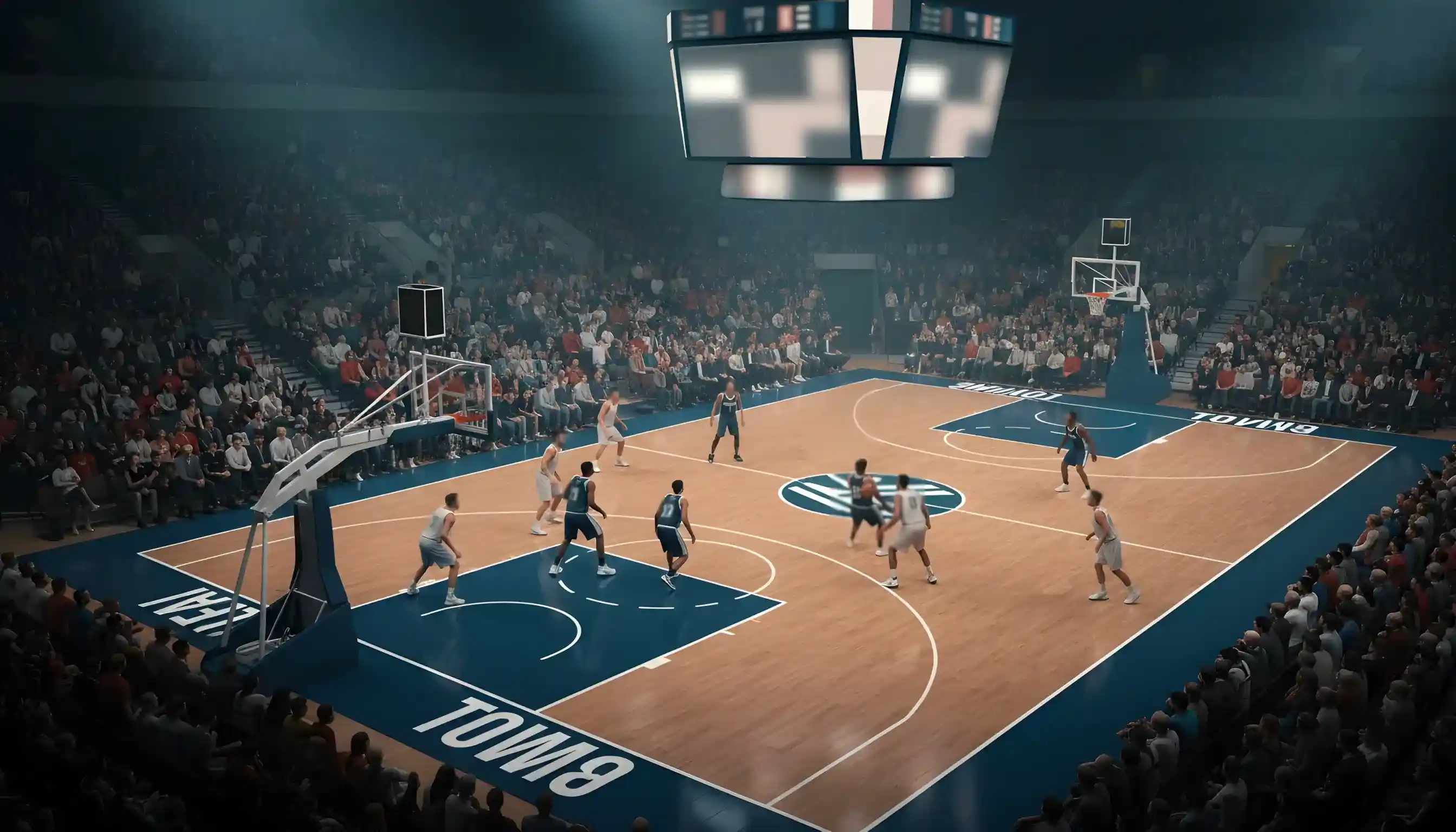 Γεμάτο γήπεδο μπάσκετ κατά τη διάρκεια αγώνα NBA με πίνακα σκορ και φωτισμό αρένας