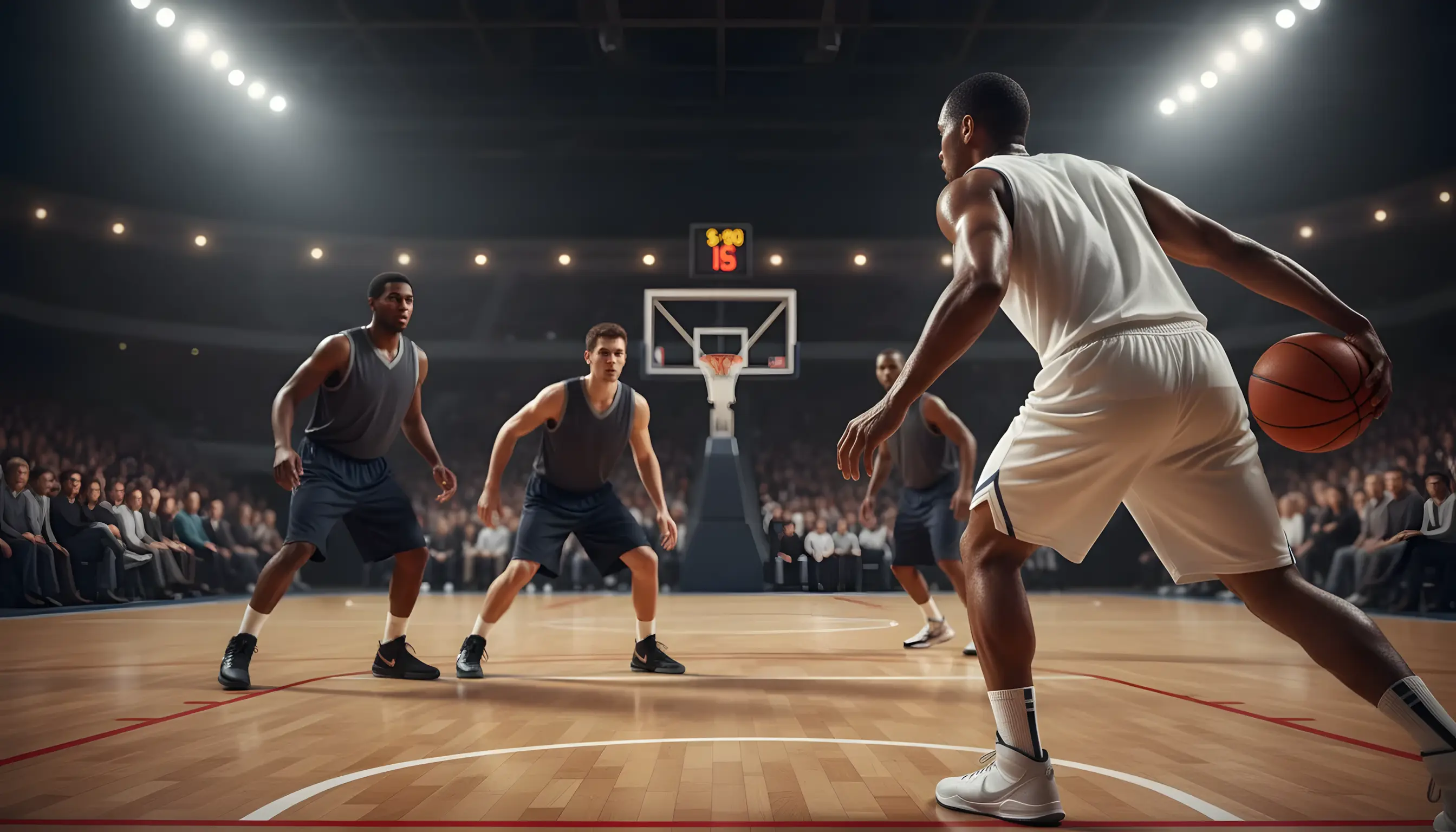 Παίκτης μπάσκετ σε φάση επίθεσης κάτω από δυνατό φωτισμό γηπέδου