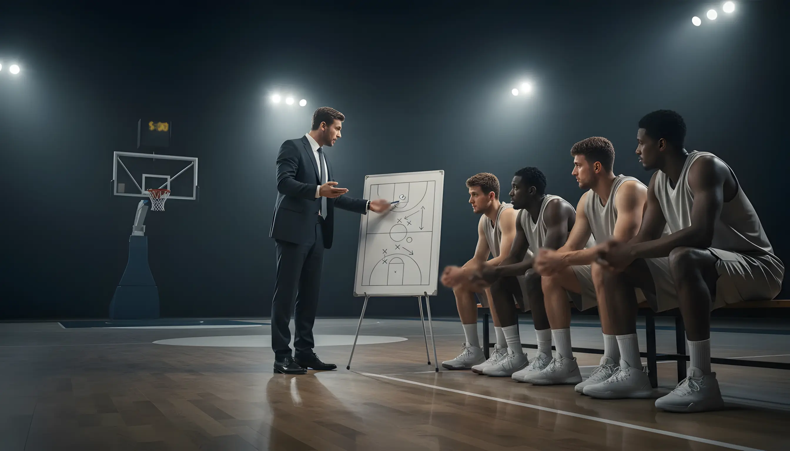 Προπονητής μπάσκετ δίνει οδηγίες στους παίκτες κατά τη διάρκεια τάιμ-άουτ σε γήπεδο με παρκέ