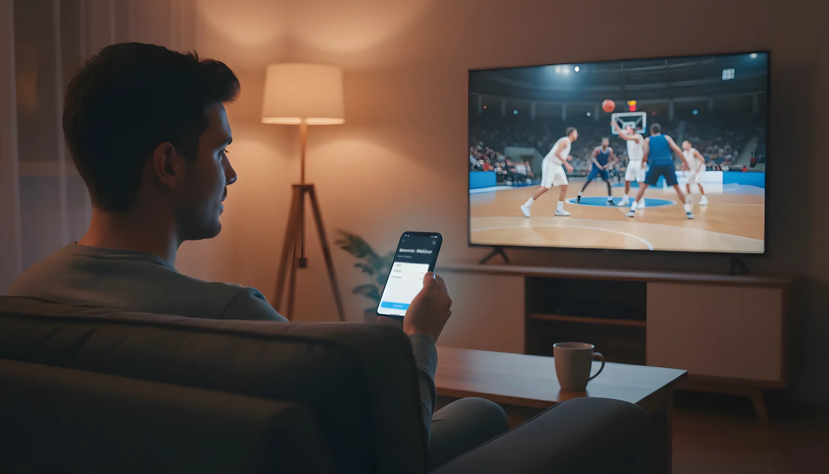 Φίλαθλος παρακολουθεί αγώνα μπάσκετ σε κινητό τηλέφωνο κατά τη διάρκεια ζωντανού ματς